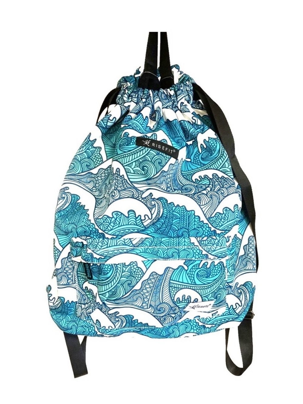RISEFIT Wave-Print Teal Drawstring Lightweight Backpack